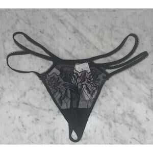 Lise Charnel Black Silver Thong Panty M Sheer Floral